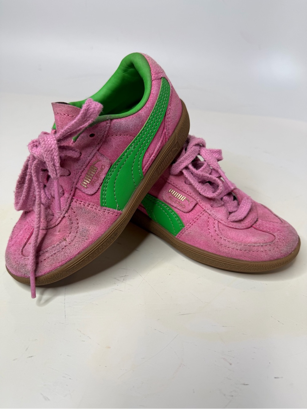 Puma Kids Pink Suede Sneakers with Green Stripe